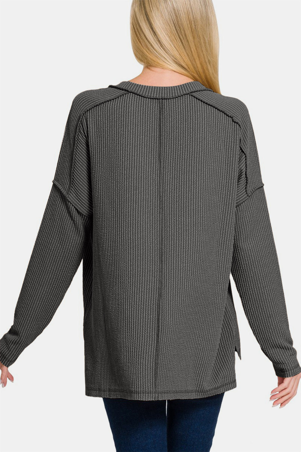 Zenana Charcoal Textured Exposed Seam V-Neck Long Sleeve Top Shirts & Tops