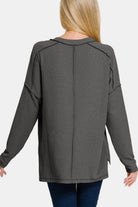 Zenana Charcoal Textured Exposed Seam V-Neck Long Sleeve Top Shirts & Tops