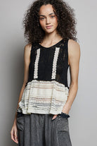 POL Black V-Neck Crochet Sweater Vest with Lace Trim