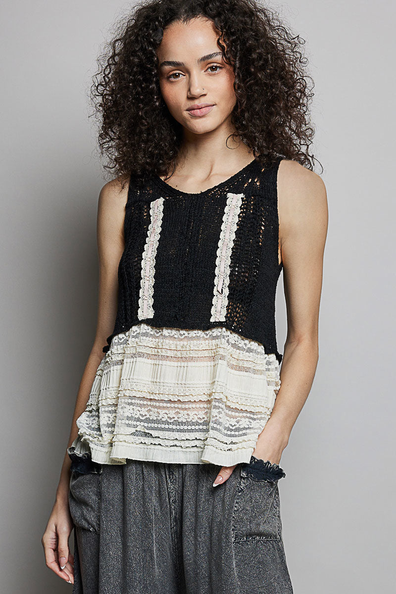 POL Black V-Neck Crochet Sweater Vest with Lace Trim