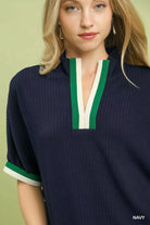 Umgee Textured Knit Top with Striped Contrast Trim