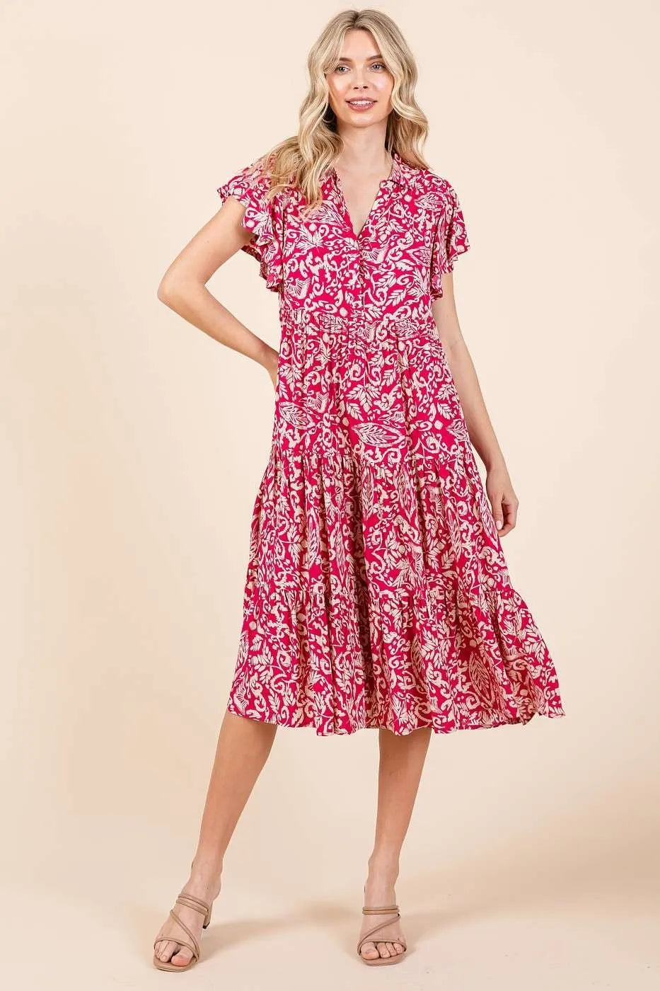Mittoshop Fuchsia Abstract Print Ruffle Tier Midi Dress
