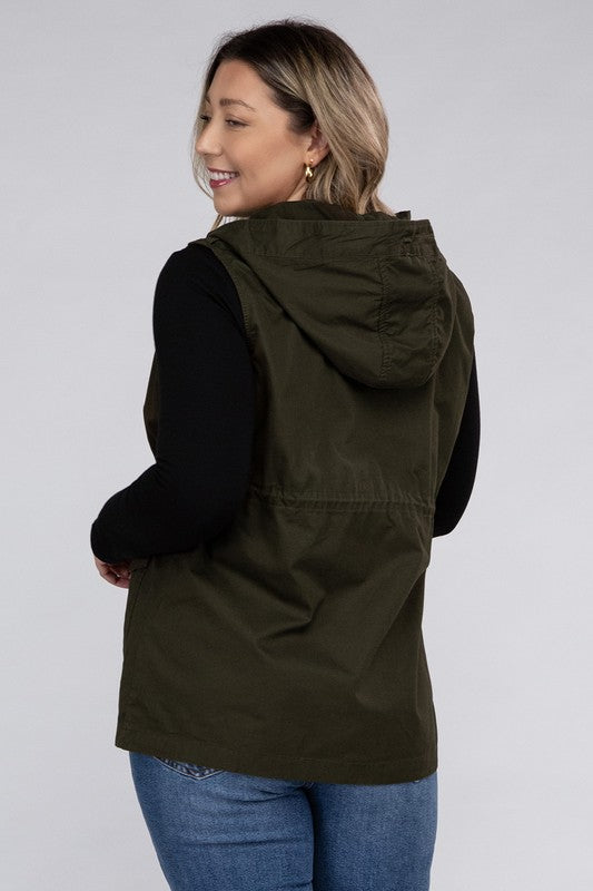 Zenana Plus Drawstring Waist Military Hoodie Vest ZENANA