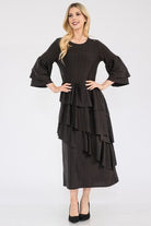 Celeste Black Honey Comb Asymmetrical Ruffle Midi Dress