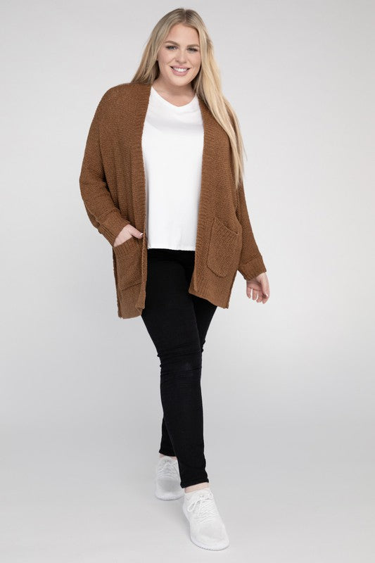 eesome Plus Size Ribbed Knit Open Front Cardigan eesome