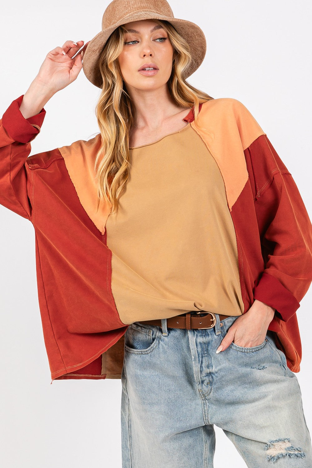 SAGE + FIG Toast Mineral Wash Color Block Top Trendsi