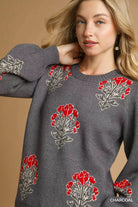 Umgee Charcoal Single Flower Stem Jacquard Sweater