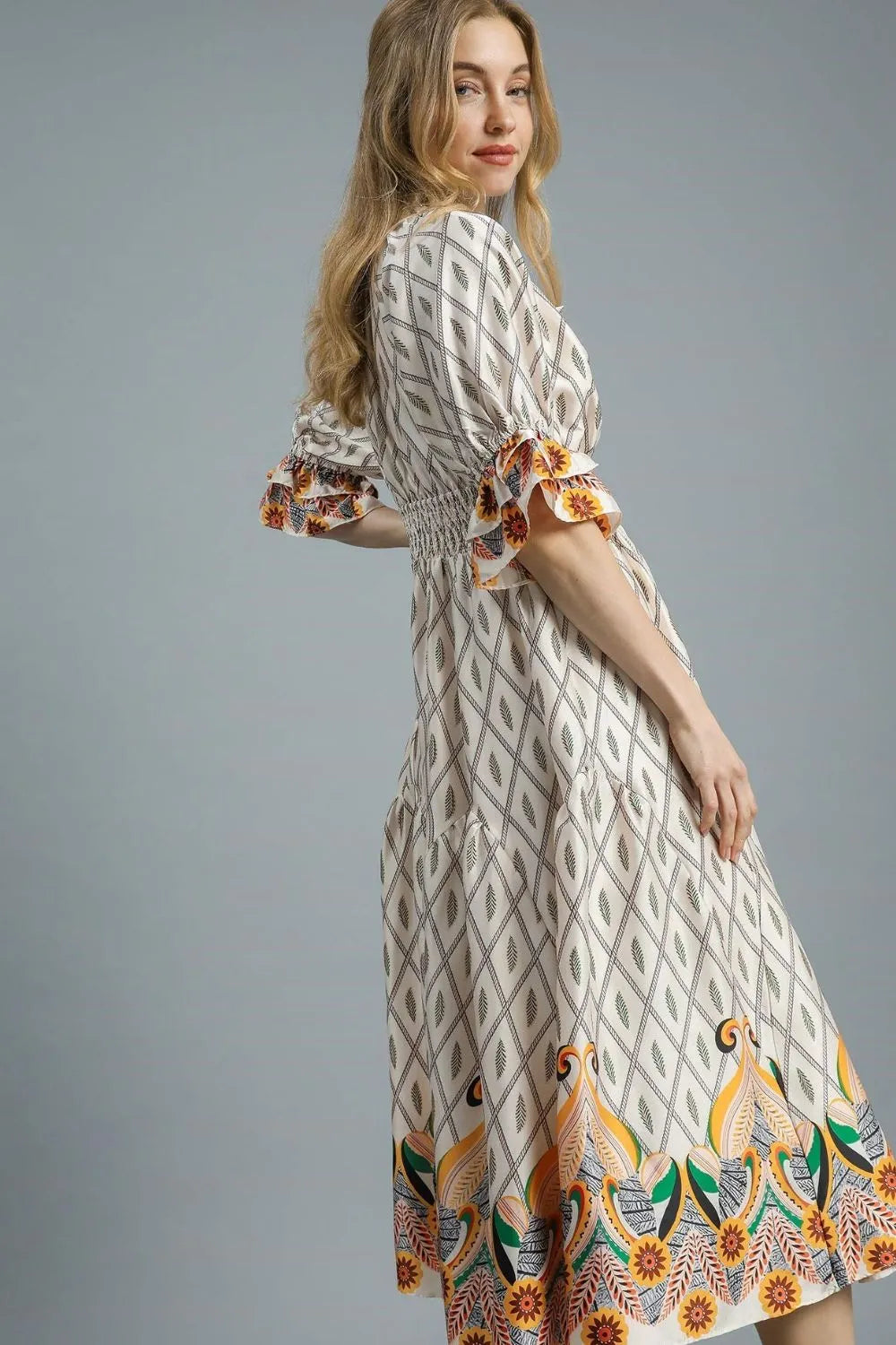 Umgee Boho Printed Smocked Waist Maxi Dress