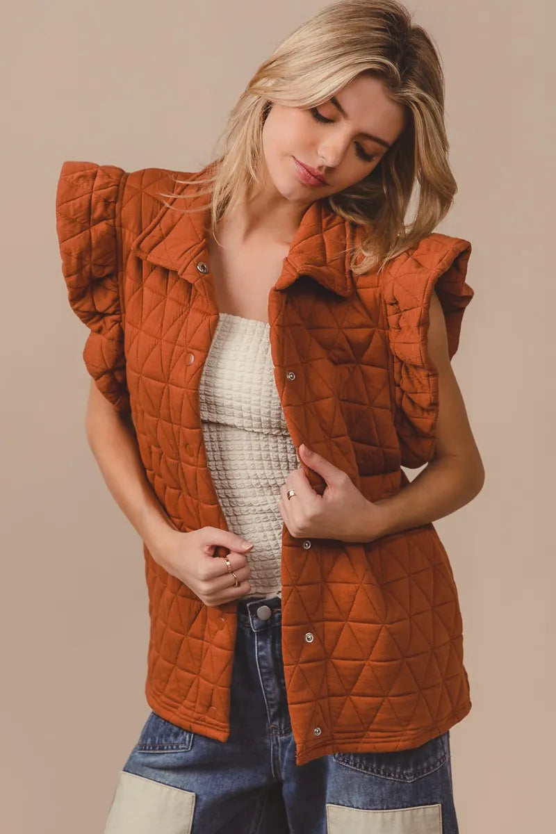 BiBi Rust Quilting Knit Ruffle Sleeve Vest