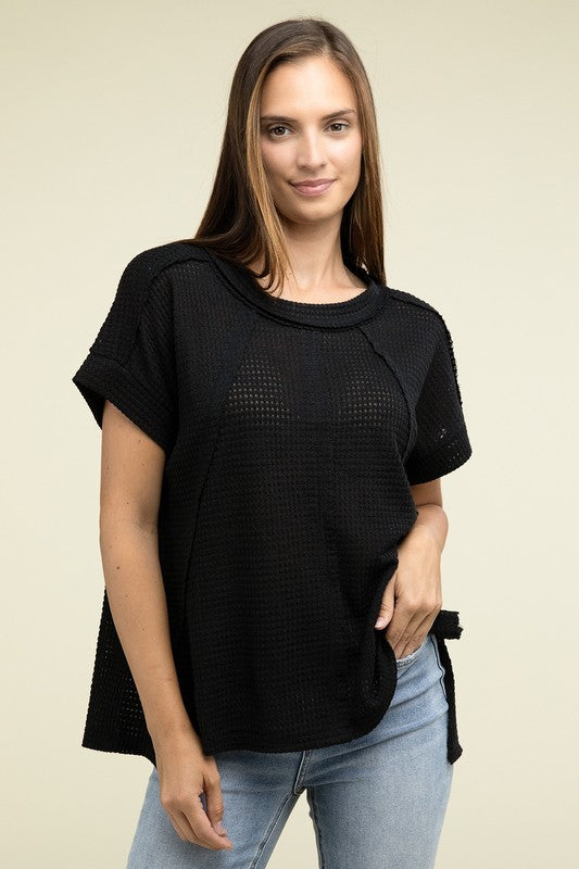 Zenana Brushed Waffle Exposed-Seam Short Sleeve Top Shirts & Tops