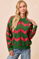 BiBi Hunter Green & Ref Christmas Theme Chevron Sequins Detail Sweater HUNTER RED