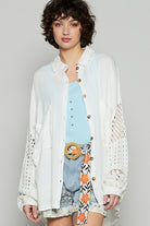 POL White Openwork Lantern Sleeve Button Down Gauze Shirt Shirts & Tops