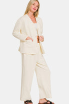 Zenana Cream Quilted Button Up Long Sleeve Top and Pants Lounge Set Loungewear Set