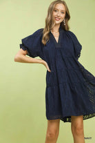 Umgee Navy Textured Tiered Ruffle Collar Mini Dress