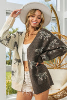 BiBi Tiger Open Front Long Sleeve Contrast Cardigan in Oatmeal & Mocha Oatmeal Mocha Trendsi