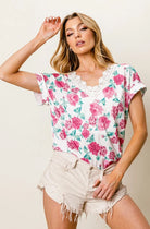 BiBi Fuchsia Rose Printed Poly Span with Crochet Lace Top