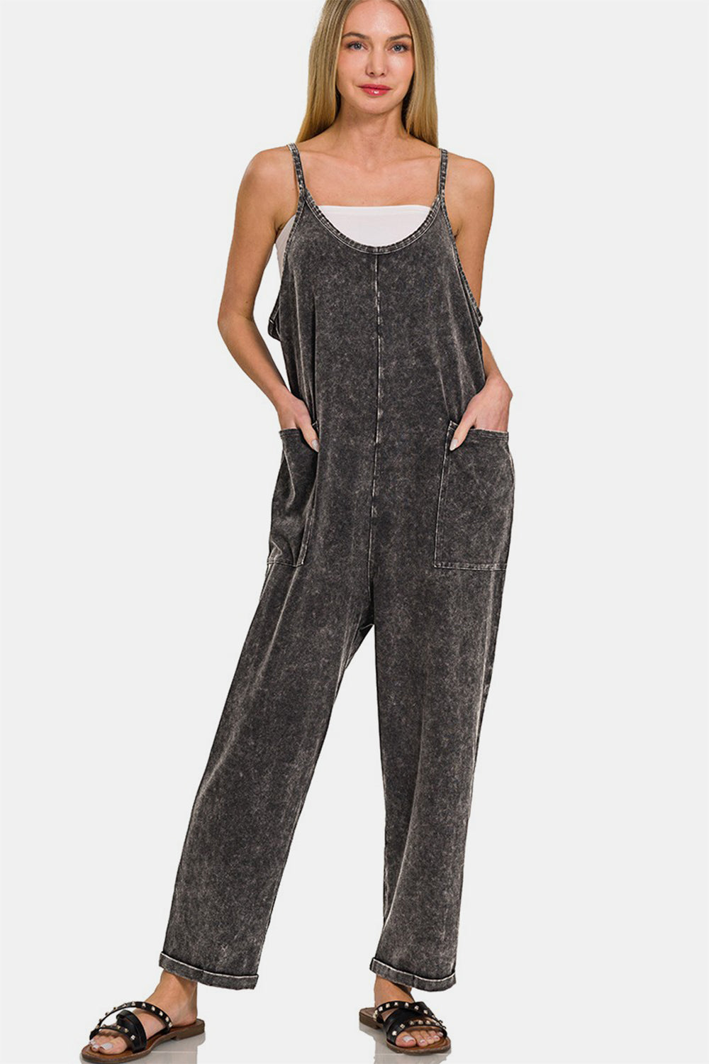 Zenana Ash Black Washed Spaghetti Straps Overalls with Pockets Ash Black Trendsi