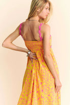 Davi & Dani Geo Two Tone Printed Wavi Trim Tiered Maxi Dress