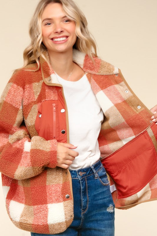 Haptics Rust & Camel Plaid Sherpa Button Down Jacket Haptics