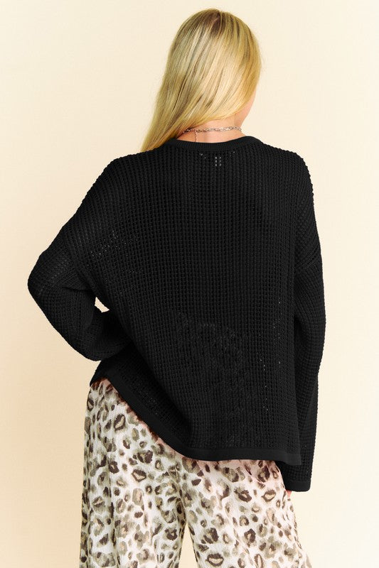 Davi & Dani Black Star Front Crochet Drop Shoulder Knit Top