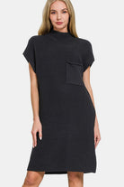 Zenana Black Mock Neck Short Sleeve Sweater Dress Black