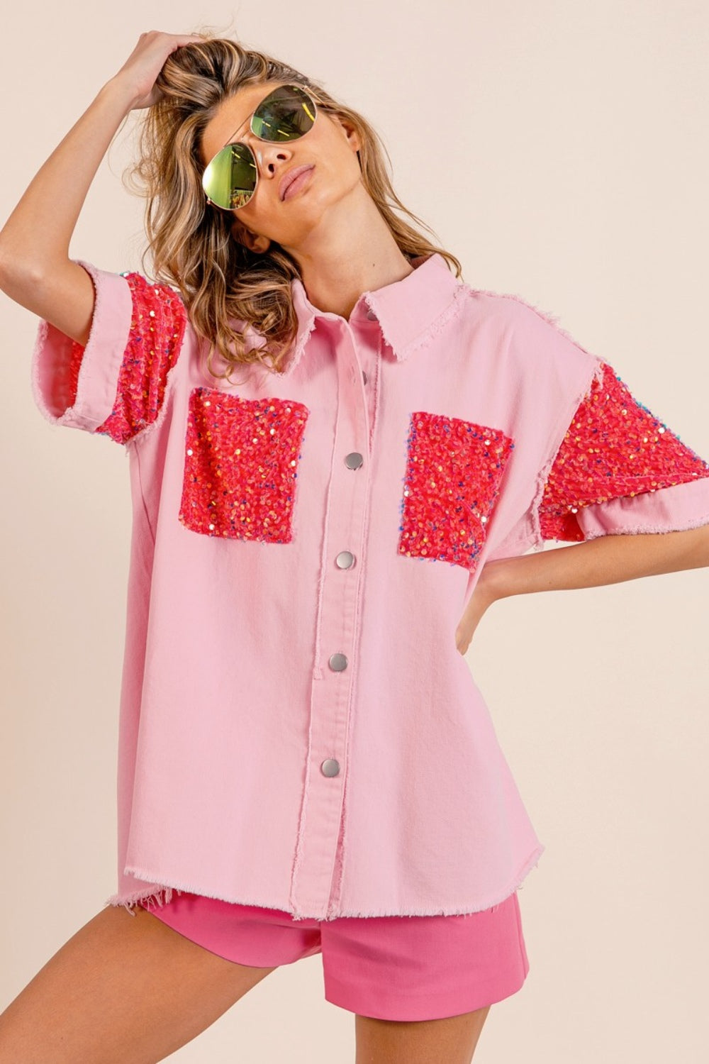 BiBi Pink Sequin Detail Raw Hem Short Sleeve Shirt