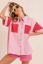 BiBi Pink Sequin Detail Raw Hem Short Sleeve Shirt Pink Fuchsia Trendsi