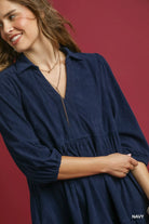 Umgee Navy Tiered Corduroy Mini Dress with Balloon Sleeves
