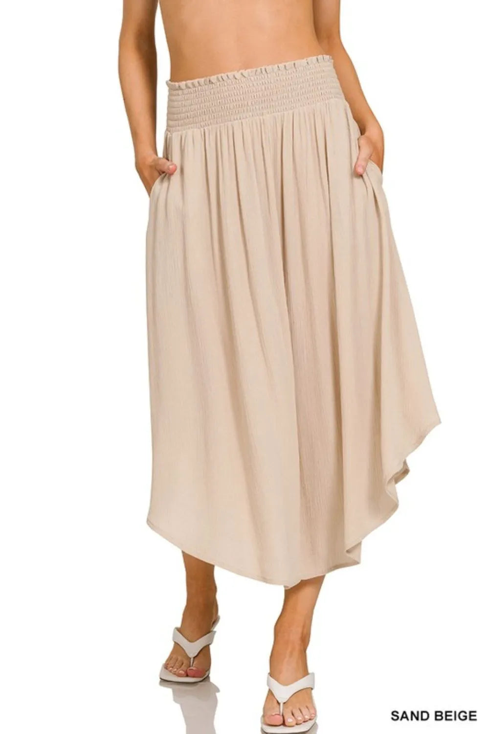 Zenana Sand Beige Woven Crinkle Smocked Waist Maxi Skirt W Pockets
