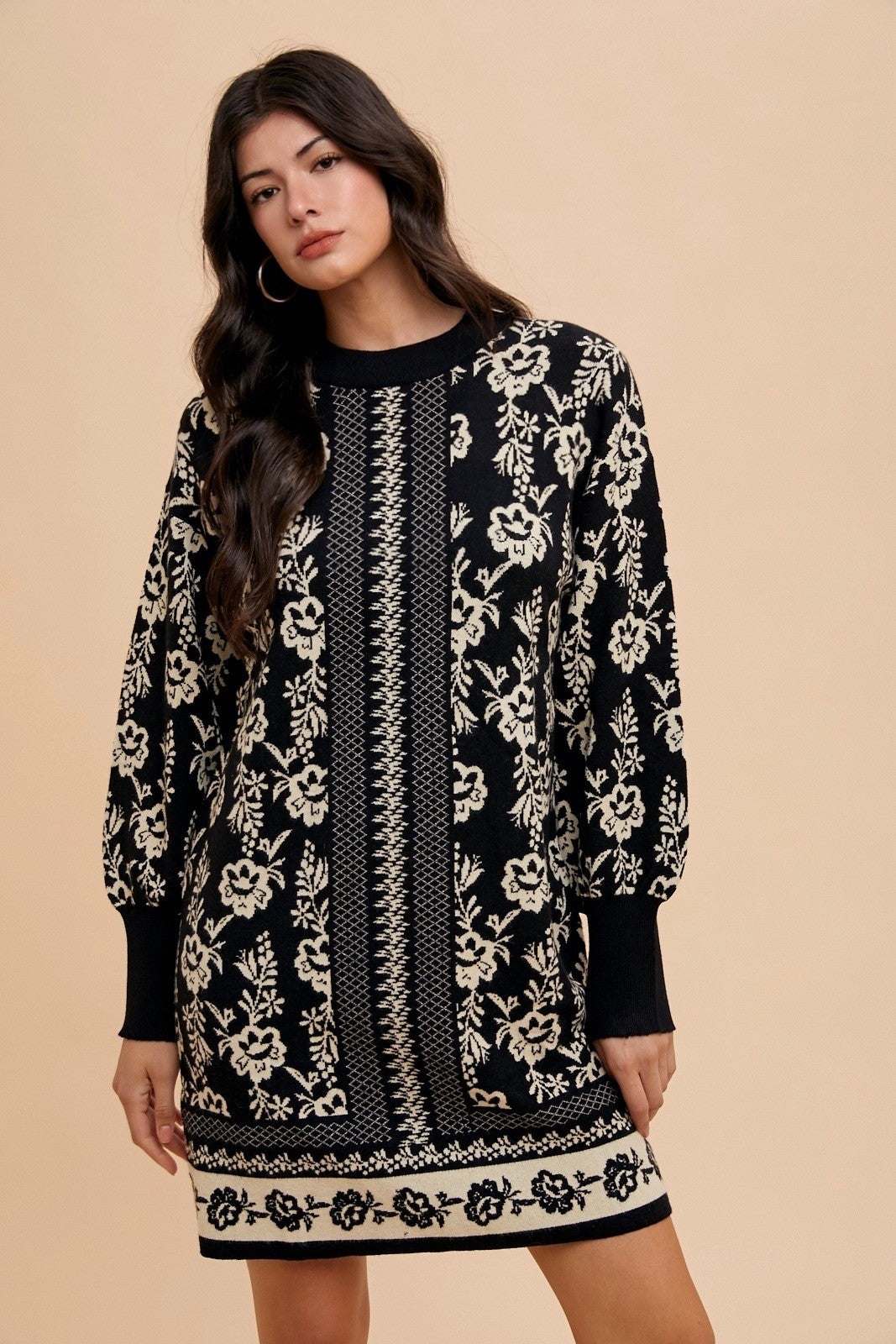 Annie Wear Floral Jacquard Round Neck Sweater Dress in Black Black Oatmeal Dresses