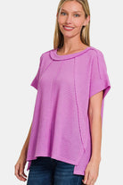 Zenana Pink Waffle Exposed-Seam Short Sleeve T-Shirt Trendsi