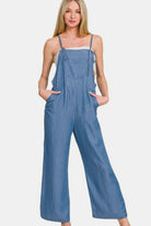 Zenana Washed Adjustable Strap Wide Leg Denim Overalls in Dusty Blue Dusty Blue Jumpsuits & Rompers