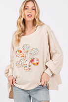 SAGE + FIG Oatmeal Flower Patch Dropped Shoulder Oversize Top Oatmeal Shirts & Tops