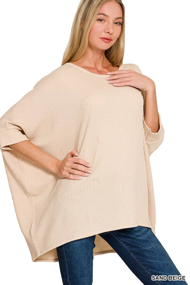 Zenana Sand Beige Raised Rib Bat Sleeve Top SAND BEIGE