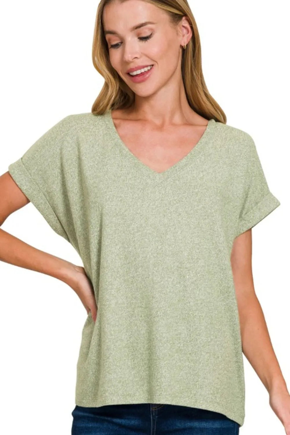 Zenana Light Olive Soft Melange Hacci V-neck Tee LT OLIVE