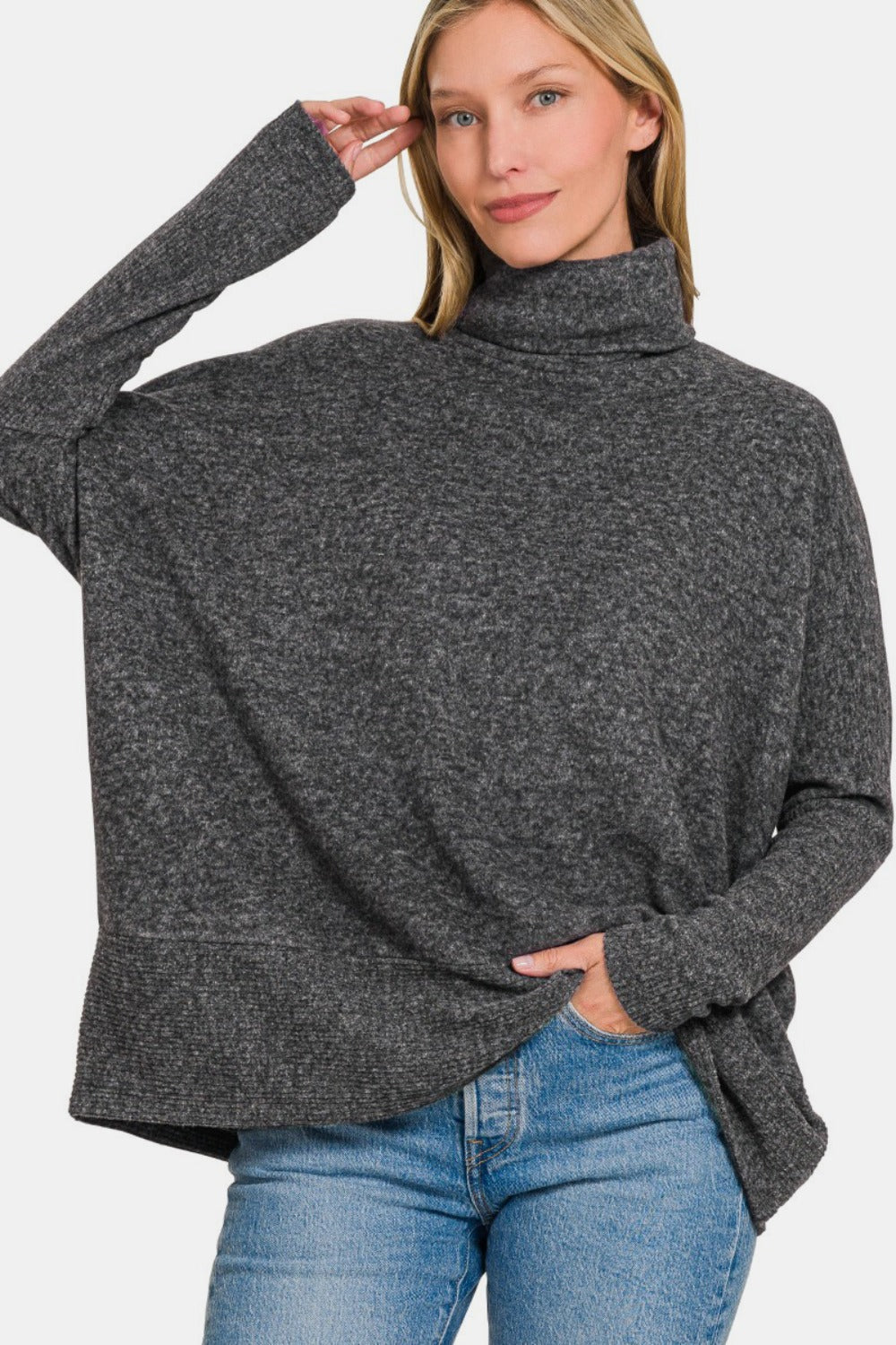 Zenana Black Brushed Melange Hacci Turtleneck Sweater Shirts & Tops