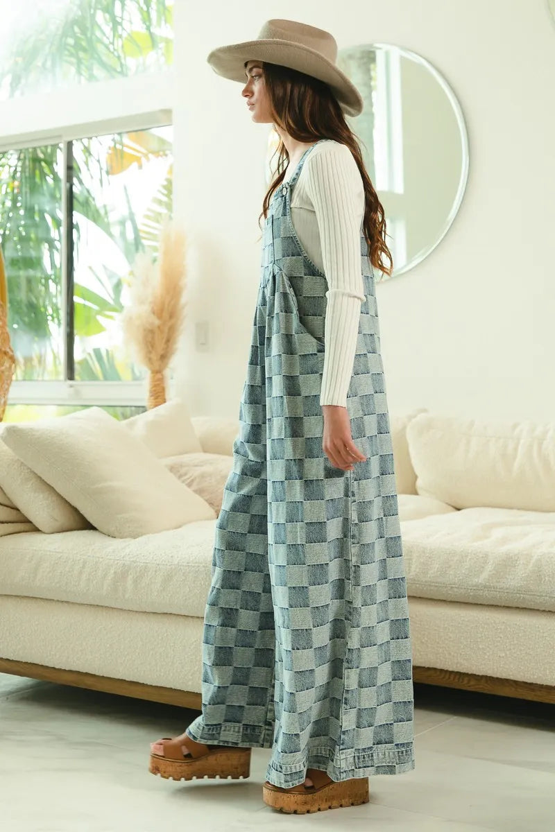 BiBi Denim Washed Vintage Checker Wide Legs Overalls