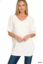 Zenana White Raised Rib V-Neck Batwing Top