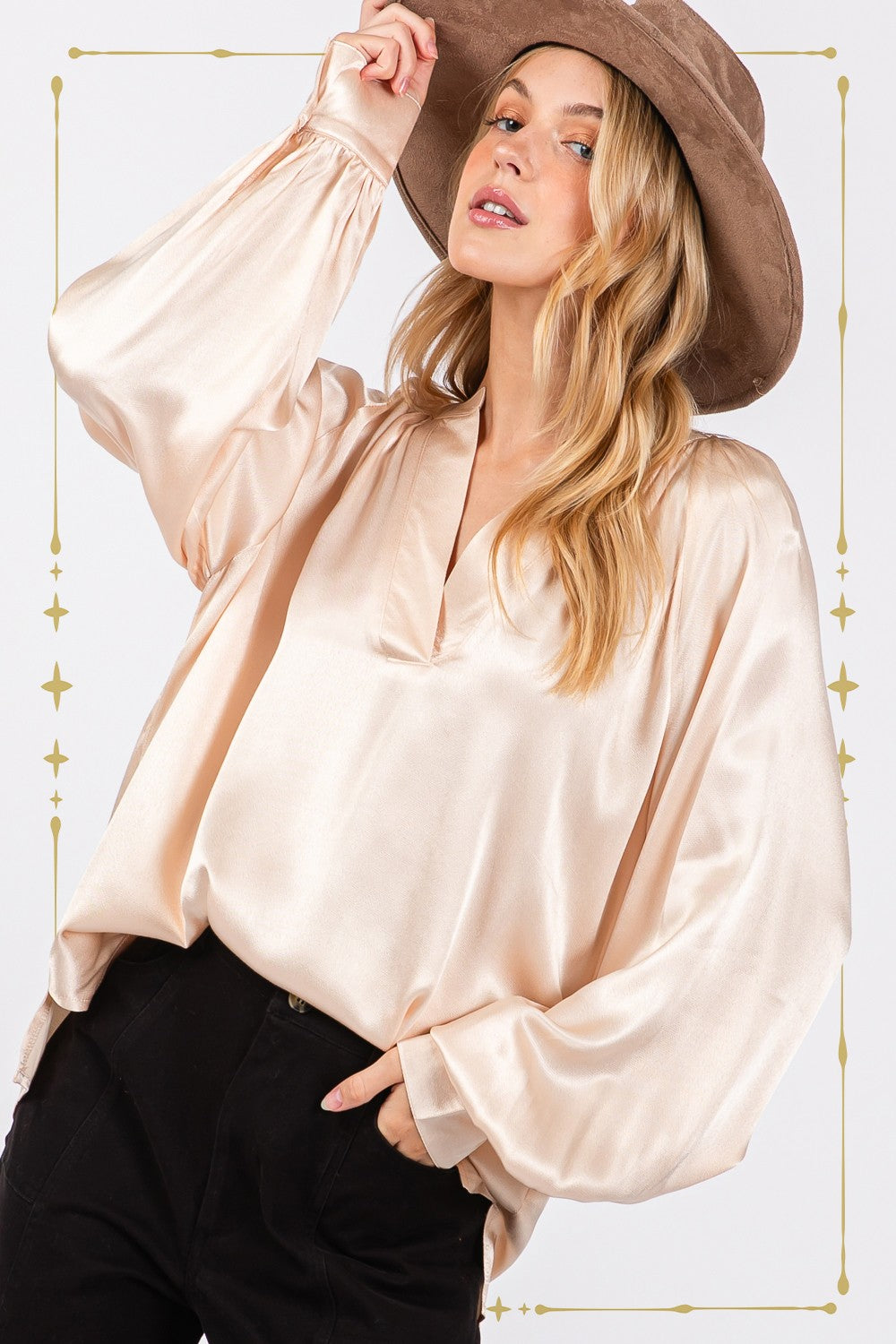 SAGE + FIG Champagne Notched Long Sleeve Blouse Trendsi