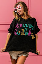 BiBi It’s My Birthday Metallic Letter Puff Sleeve Sweater in Black Trendsi