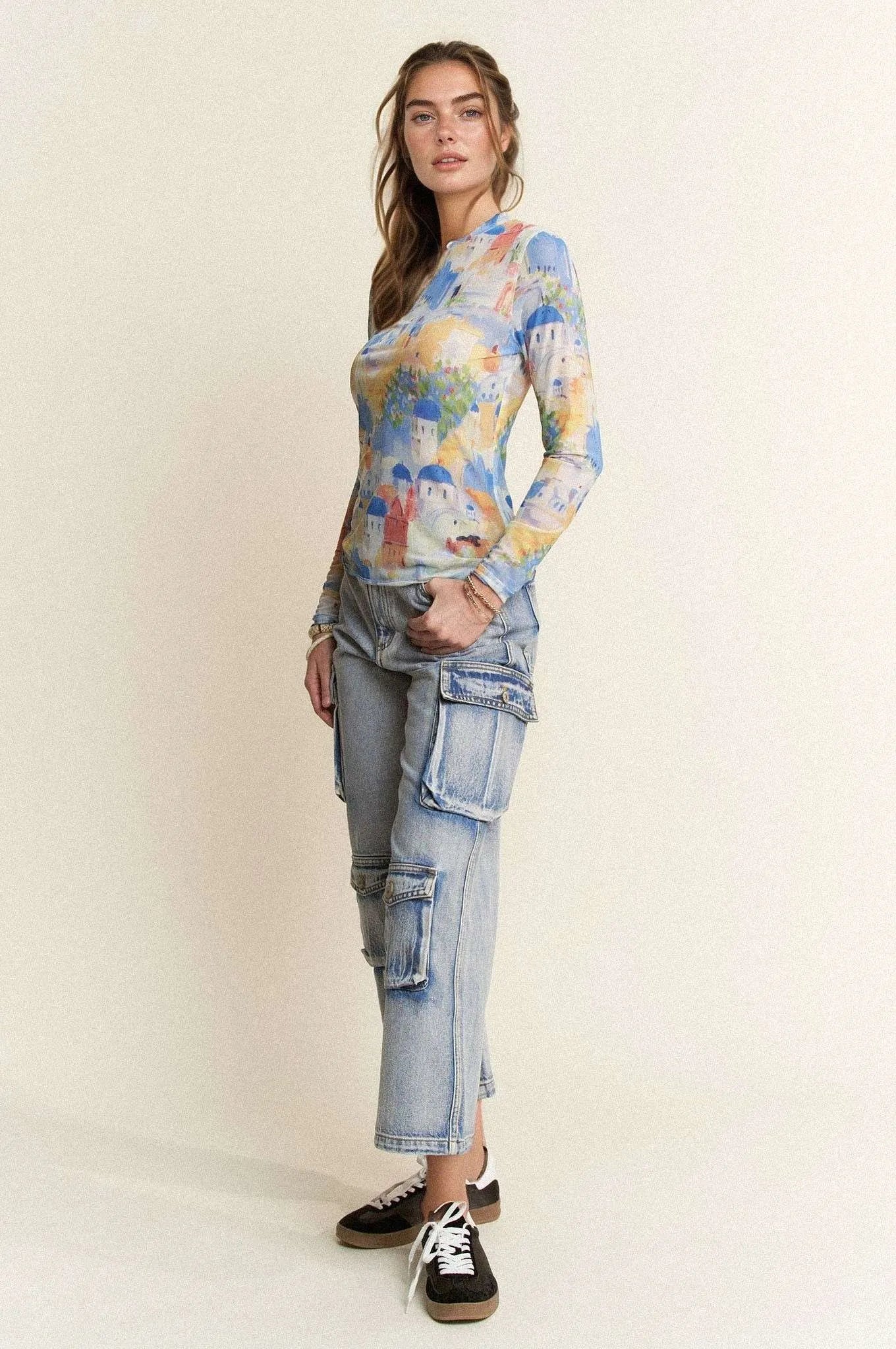 Davi & Dani Cobalt Multi Printed Mesh Round Neck Long Sleeve Top