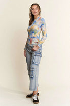 Davi & Dani Cobalt Multi Printed Mesh Round Neck Long Sleeve Top