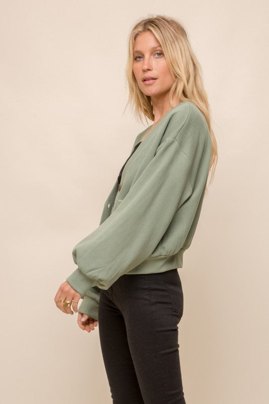 Hem & Thread Green V-Neck Button Down Puff Sleeve Cropped Cardigan Cardigan