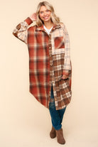 Haptics Stand Out Rust & Taupe Color Block Plaid Longline Shacket Haptics