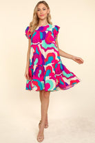 Haptics Go For Fun Fuchsia Geo Print Tiered Ruffle Sleeve Woven Dress