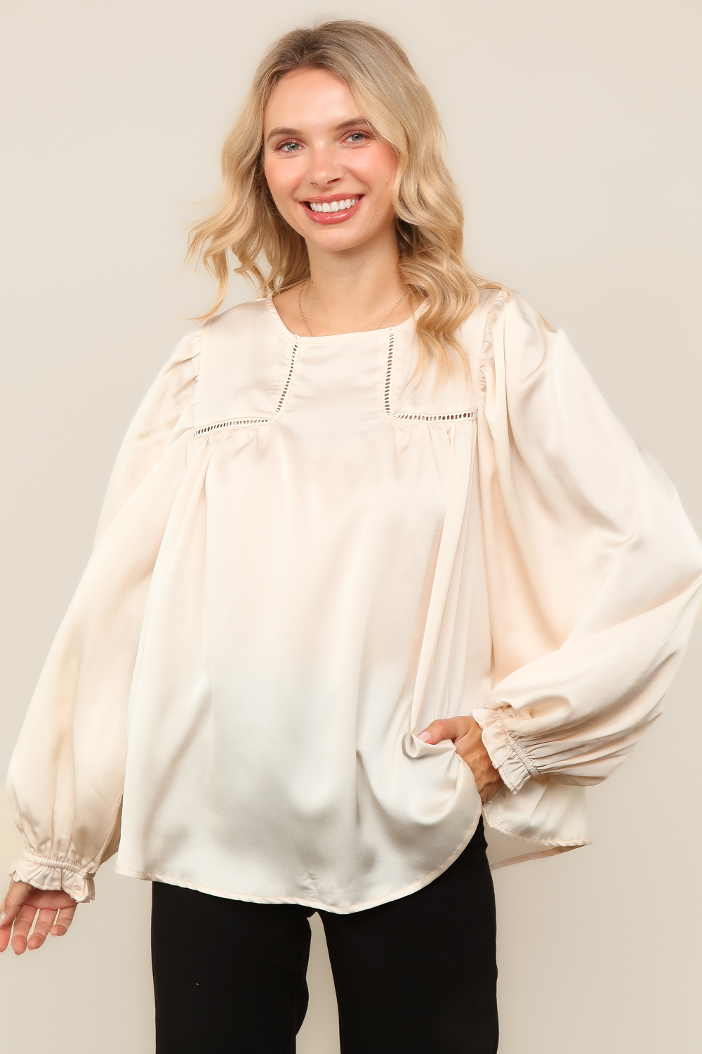Haptics Ivory Round Neck Yoke Ladder Lace Bubble Sleeve Satin Blouse