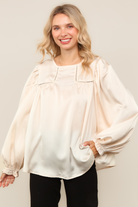 Haptics Ivory Round Neck Yoke Ladder Lace Bubble Sleeve Satin Blouse
