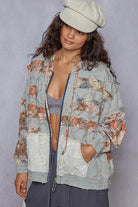 POL Zip Up Floral and Lace Patch Washed Denim Jacket Light