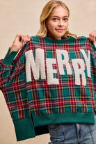 BiBi Merry Letter Patches Christmas Plaid Sweatshirt