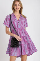 Umgee Red Violet Gingham Tiered Button Detail Short Sleeve Dress Red-Violet